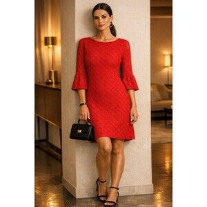 Tacera Women’s Red Lace Shift Dress Bell Sleeve Sz L